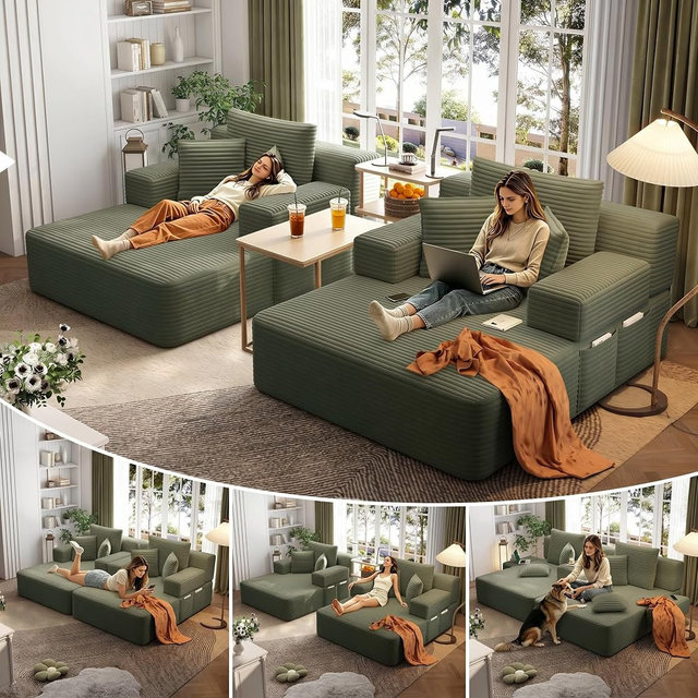 ZEIINPA 2 Pieces Chaise Lounge Chairs Set, 97" Corduroy Upholstered Boneless Sofa Bed with Convertible Armrest, Oversized Deep Seat Cloud Reading Sleeper Couches for Living Room, Green