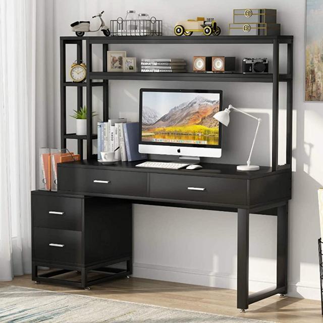Tribesigns 55 Inch Computer Office Desk with 4 Drawers and Storage Shelf, Industrial Study Writing Table Workstation with Hutch and Bookshelf for Home Office (Black)