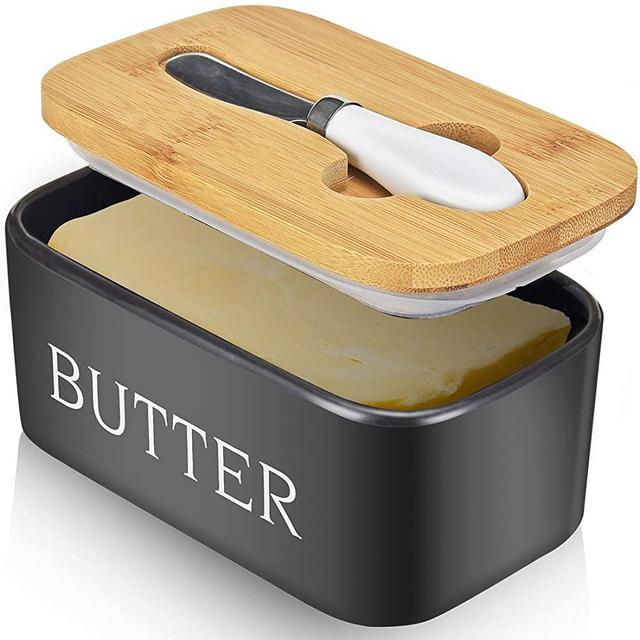 Large Butter Dish with knife Holds Up to 2 Sticks Ceramics Butter Keeper Container with Bamboo Lid and Stainless Steel Double-layer Silicone Sealing Butter Dishes with Covers Good Kitchen Gift Black