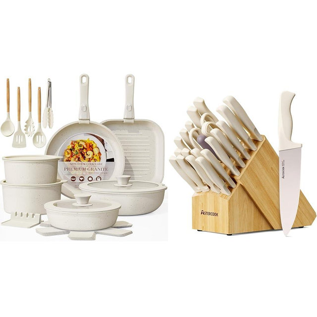 Astercook 23 Pcs Pots and Pans Set Non Stick and 22-Piece Kitchen Knife Set with Block and Sharpener