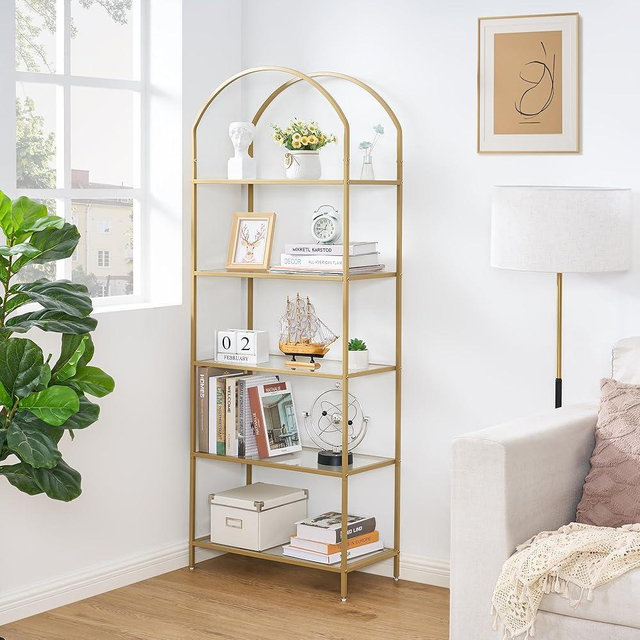 Homhedy 5-Tier Bookshelf Arched Display Racks, Metal Bookcase, Tempered Glass Shelves, Storage Rack Shelf for Home Office, Living Room, Bedroom, Bathroom, Modern Style, Golden