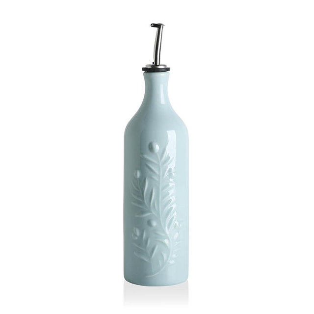 Sweejar Large Olive Oil Dispenser Bottle with Spout, 24 Oz Ceramic Oil Dispenser for Kitchen, Relief Opaque Cruet, Container for Cooking, EVOO, Vinegar, Pack of 1 (Light Blue)