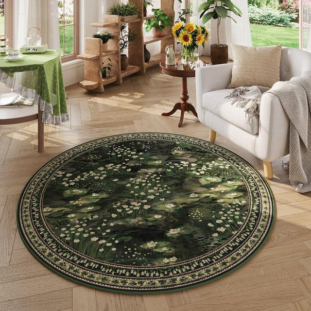 Rugcomf Circle Rug Impressionist-Style Vintage 8ft Round Rug Non Slip Low Pile Small Circular for Bedroom Bathroom Entryway Kids Room Office College Dorm, Green