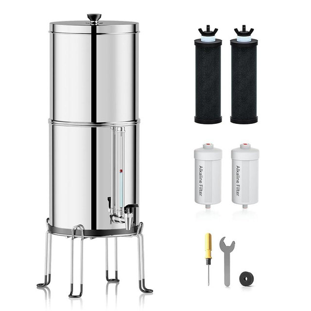 Purewell 6-Stage Alkaline Water Filter System, 0.01μm Ultra-Filtration Countertop System with 4 Filters, Metal Water Level Spigot and Stand, pH 8-9, 2.25G, PW-OB-PH