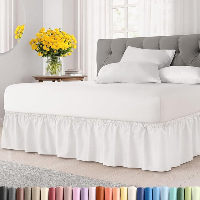 Wrap Around Dust Ruffle Bed Skirt - Antique White - for King Size Beds w/ 12 Inch Drop - Easy Fit Elastic Strap - Adjustable Pleated Bedskirt w/Brushed Fabric, Wrinkle Free Women, Men, Kids & Teens