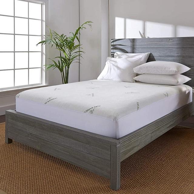 Pure Bamboo Queen Bamboo Mattress Protector - Waterproof Breathable Cooling Cover Protects Against Moisture, Spills, Stains - Hypoallergenic, Noiseless, Machine Washable, Fits 16 inch Bed (Queen)