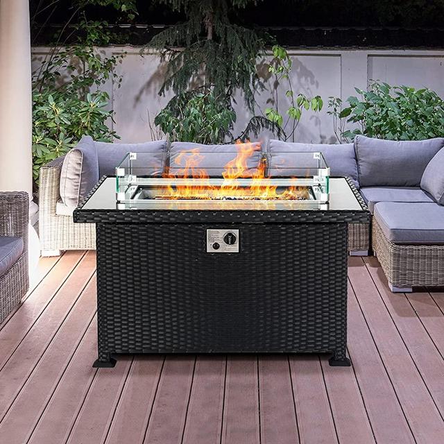 Propane Fire Pit Table Outside Gas Firepits with Wind Guard for Patio Deck, 50,000 BTU 43'' Wicker LP Fireplace Rectangular