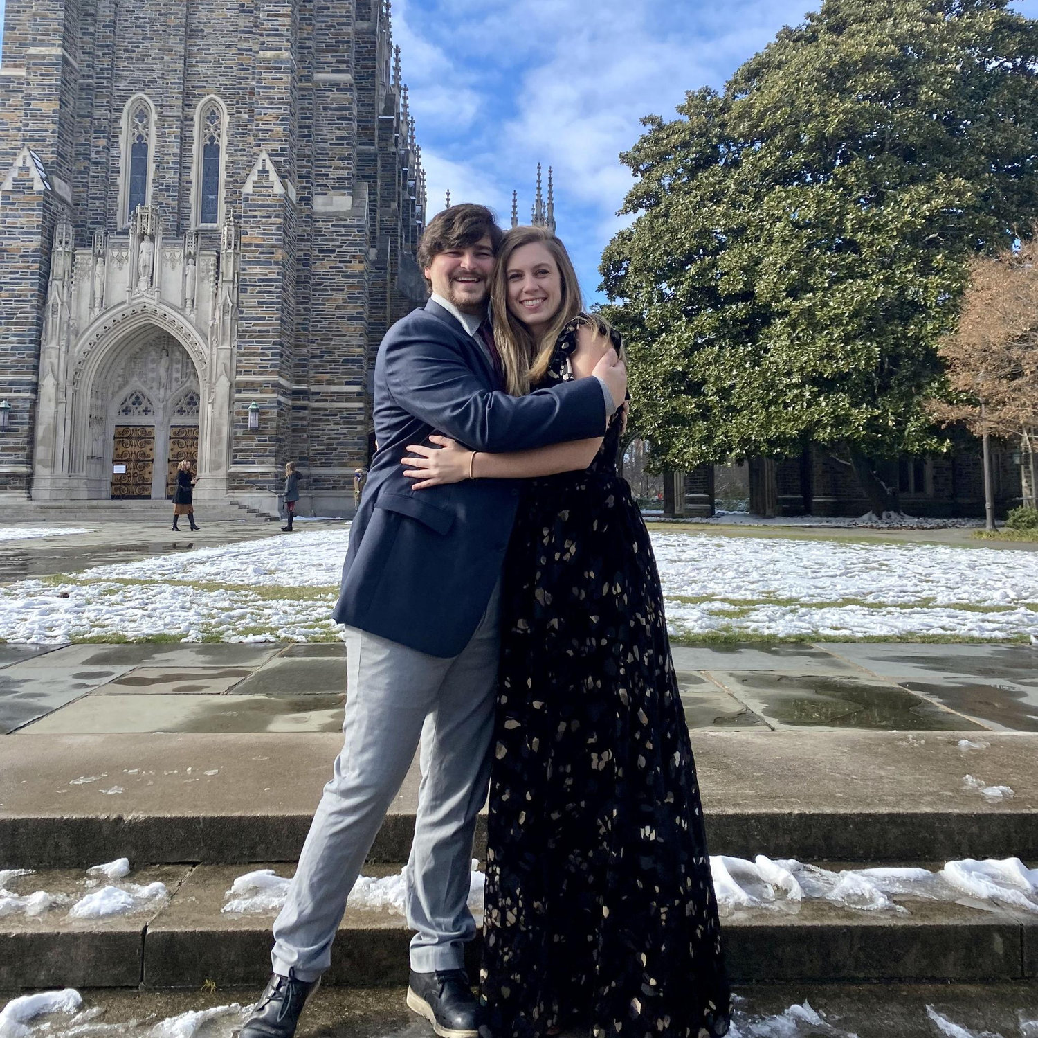 Outside Nicole and Brandon's beautiful wedding at Duke Chapel.. snow and all!