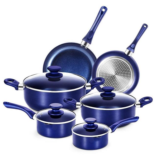 Pots and Pans Set,Aluminum Cookware Set, Nonstick Ceramic Coating, Fry Pan, Stockpot with Lid, Blue,10 Pieces