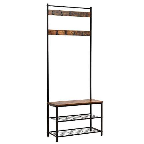 VASAGLE Industrial Coat Rack, Hall Tree Entryway Shoe Bench, Storage Shelf Organizer, Accent Furniture with Metal Frame UHSR41BX