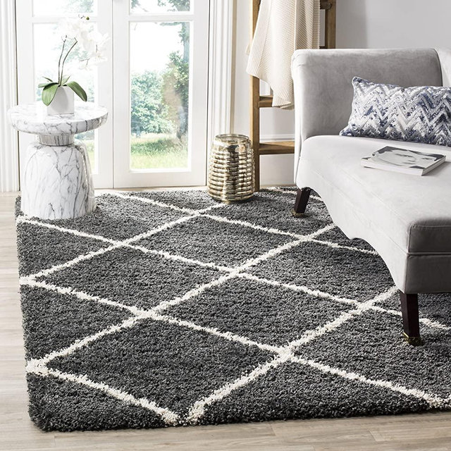 SAFAVIEH Hudson Shag Collection SGH281G Modern Diamond Trellis Non-Shedding Living Room Bedroom Dining Room Entryway Plush 2-inch Thick Area Rug, 8' x 10', Dark Grey / Ivory