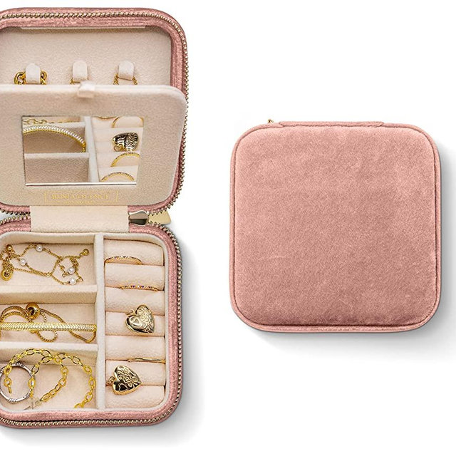 Plush Velvet Travel Jewelry Box Organizer | Travel Jewelry Organizer Box, Travel Jewelry Case | Small Jewelry Box for Women, Jewelry Travel Case | Earring Organizer with Mirror - Dusty Pink
