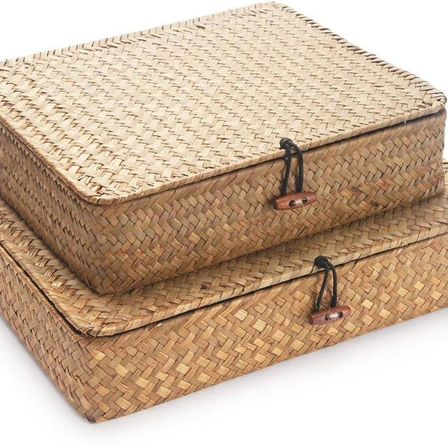 Seagrass Storage Baskets with Lid, Flat Wicker Basket, Shallow Woven Basket for Shelf, Decorative Storage Boxes for Organizing