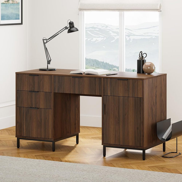 EYYTHUNG 55" Fluted Executive Desk, Modern Home Office Desk with Charging Station, Keyboard Tray, File Drawer, Storage Cabinet, Wood Computer Writing Desk for Work Study Writing, Browm