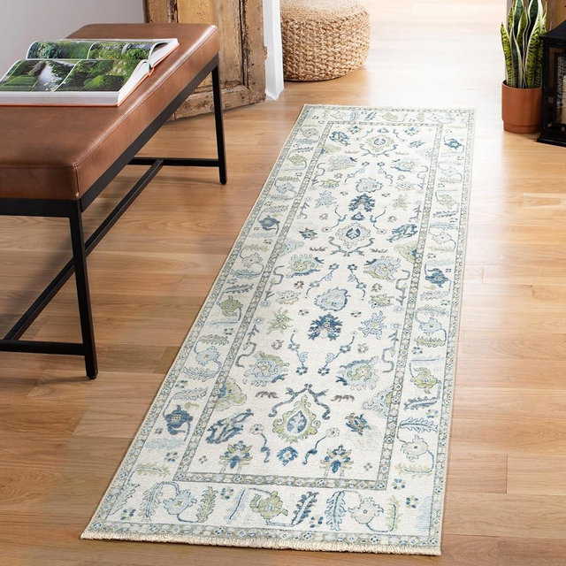 Luria Rugs Machine Washable 2'7" x 12' Non-Slip 12 Ft Long Runner Rug for Hallway, Entryway, Kitchen - Oushak Vintage, Aria Collection (White/Green/Blue)