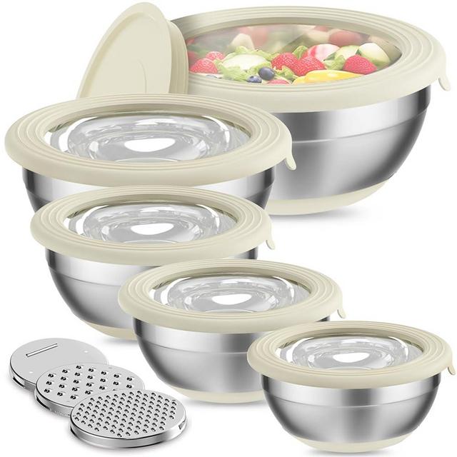 Humiwing Mixing Bowls Set of 5, Stainless Steel Nesting Mixing Bowls with Khaki Lids, 3 Grater Attachments, Measurement Marks & Non-Slip Bottoms, Great for Mixing & Serving