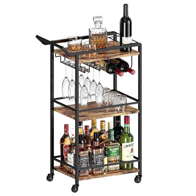 LOTEYIKE 3 Tier Bar Cart, Mini Liquor Utility Cart for Wine Beverage Dinner Party, Rolling Wine Coffee Drink Serving Cart with Lockable Wheels for Home Kitchen Bars, Rustic Brown
