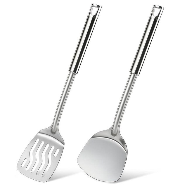 2 Pcs Stainless Steel Spatulas Set, Metal Spatula Solid & Slotted Turner, Heavy Duty Sturdy Spatula for Kitchen Use, High Heat Resistant Cooking Utensils for Fish Eggs Pancakes, Easy to Clean, Silver