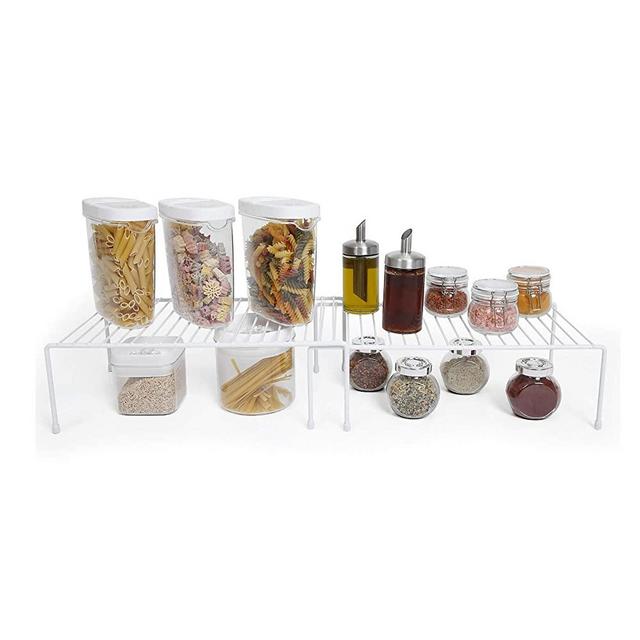 Smart Design Kitchen Storage Expandable Shelf Rack w/ Scratch Resistant Feet - Steel - Rust Resistant Finish - for Cups, Dishes, Cabinet & Pantry Organization - Kitchen (10 x 32 Inch) [White]