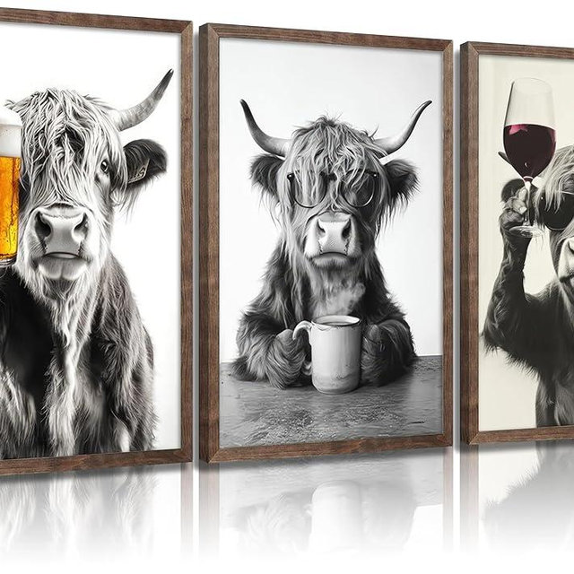 KKP Funny Highland Cow Wall Art, Black and White Farm Animal Kitchen Picture Wall Decor, Country Farmhouse Painting Cow Poster Prints Artwork for Bar Dining Room Living Room 12x16 Inch Unframed