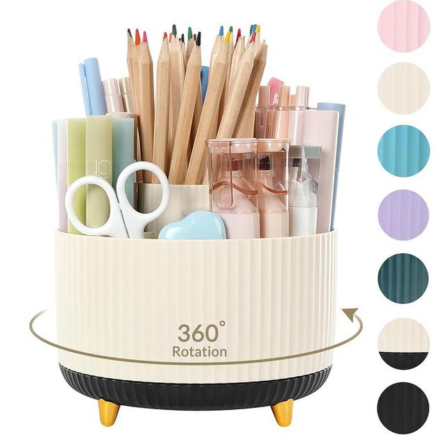 SKYDUE 360 Degree Rotating Desk Organizer, Dual-Purpose Pencil Pen Holder for Desk, Rotating Desk Pen Organizer with 5 Slots, Pencil Cup for Office, School, Home (Beige-Black)