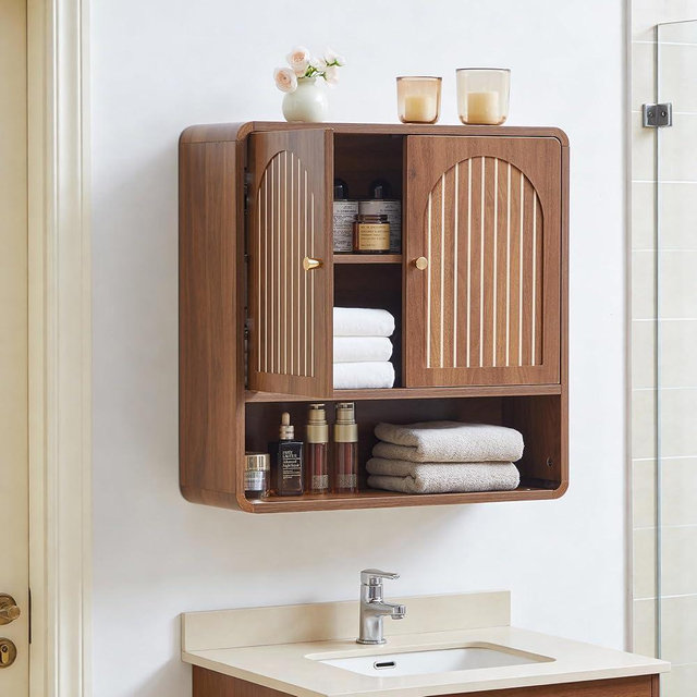 SUJOUCRAFT Wall Mounted Storage Cabinet for Bathroom, Mid-Century Wood Medicine Cabinet with Adjustable Shelf & Door, Over Toilet Organizers for Bathroom, Laundry Room, Kitchen (Walnut Color)