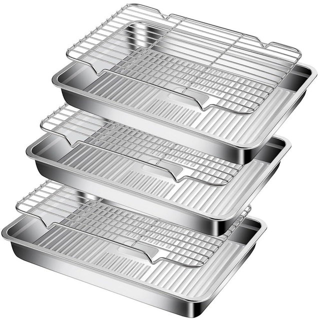 GIUOIDUO Stainless Steel Baking Tray with Grill,(3 trays and 3 grills), for Baking, Cooling Cookies or Bacons, Ovens and Dishwashers Safe, Heat Evenly, Durable Cookie sheet