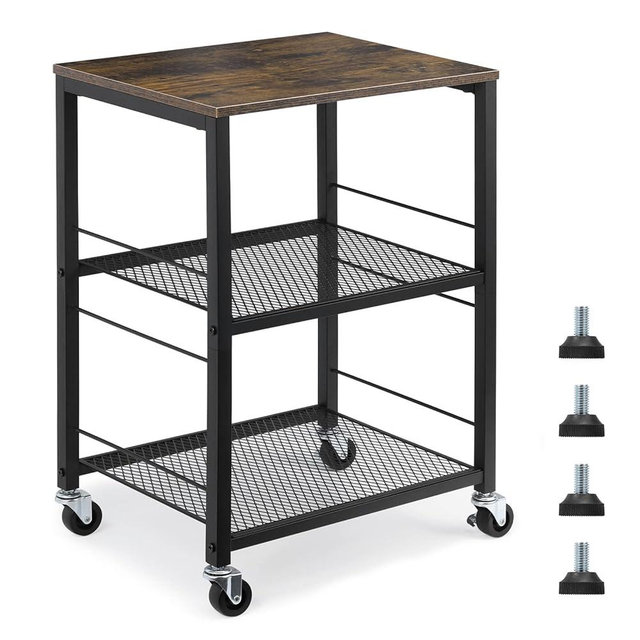 MOOACE Rustic 3 Tier End Table with Wheel, Side Table Nightstand Storage Shelf for Bedroom Kitchen Living Room and Office, Stable Metal Frame, Wood Top, Easy Assembly - Brown&Black