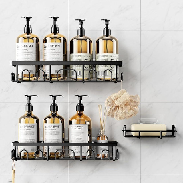 Deyhoc Shower Caddy, 3 Pack Shower Shelves for Inside Bathroom, Rustproof Adhesive Bathroom Organizer with Soap Holder, No Drilling Washroom Organizers and Storage for Bathtub Room/Kitchen/Home, Black