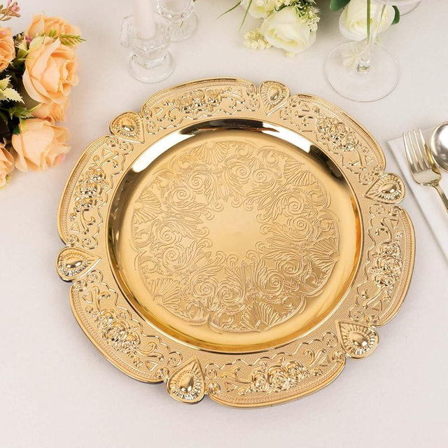 Efavormart 6 Pack Gold Floral Embossed Acrylic Charger Plates With Scalloped Rim, 13" Round Plastic Decorative Serving Plates