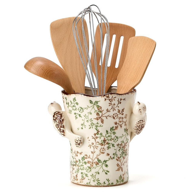 6.34“H Utensil Holder for Kitchen Counter, Modern Farmhouse Cooking Utensil Holder and Crock Home Kitchen Decor, Ceramic Utensil Organizer for Spatula, Ladle, Eggbeater, Rolling Pin- Green and Beige