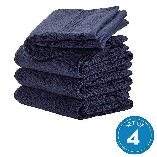 iDesign Spa Hand Towel with Hanging Loop, 100% Cotton Soft Absorbent Machine Washable Towel for Bathroom, Shower, Tub - Set of 4, Navy