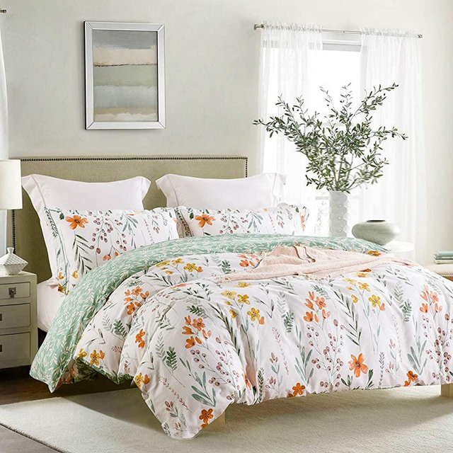 SLEEPBELLA Queen Size Comforter Set Yellow Flowers & Green Botanical Pattern Printed on White 100% Cotton Fabric, Ultra Soft Microfiber Inner Fill 3Pcs Bedding Set