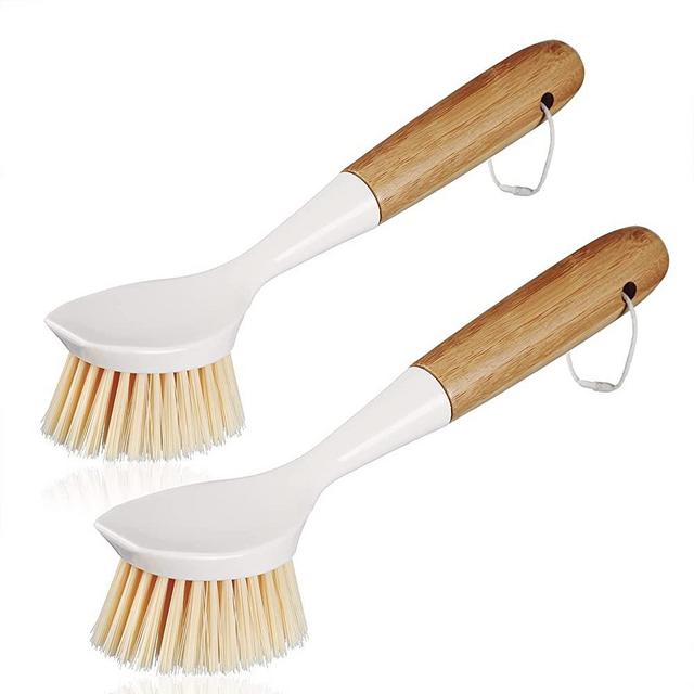 2 Pack Kitchen Dish Brush Bamboo Handle Dish Scrubber, Scrub Brush for Pans, Pots, Kitchen Sink Cleaning, Dishwashing and Cleaning Brushes are Perfect Cleaning Tools