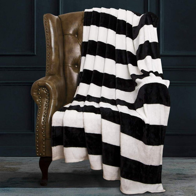 NTBAY Flannel Full/Queen Blanket, Super Soft with Black and White Striped Printed Bed Blanket, 90x90 Inches
