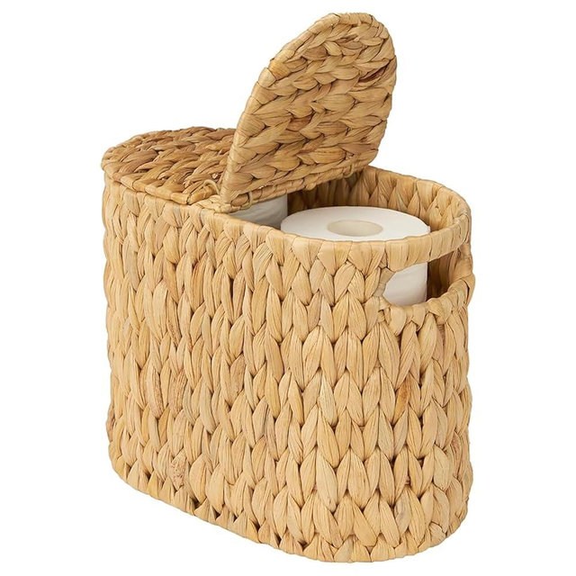 Toilet Paper Basket with Lid & Handle, Wicker Toilet Paper Holder with Storage for 4 Rolls, Natural Water Hyacinth Toilet Paper Bin for Bathroom Home Decor Organizer