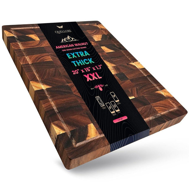 (1.7" Extra Thick) 20"x15" American Black Walnut Wood End Grain Cutting Board for Kitchen with Juice Groove, Inner Handles, Heavy-Duty Butcher Block, Large Wooden Chopping Board, Charcuterie Boards