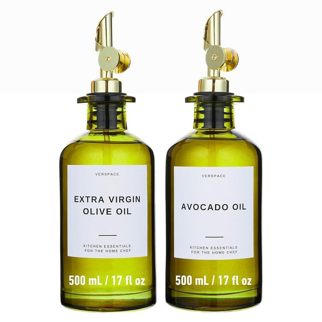 Verspace - Green Glass Olive Oil Dispenser Bottle For Kitchen, Avocado Oil Dispenser Set, Modern Decor, Gold Kitchen Accessories for Home, Airbnb, Cafe (Gold, Set of 2)