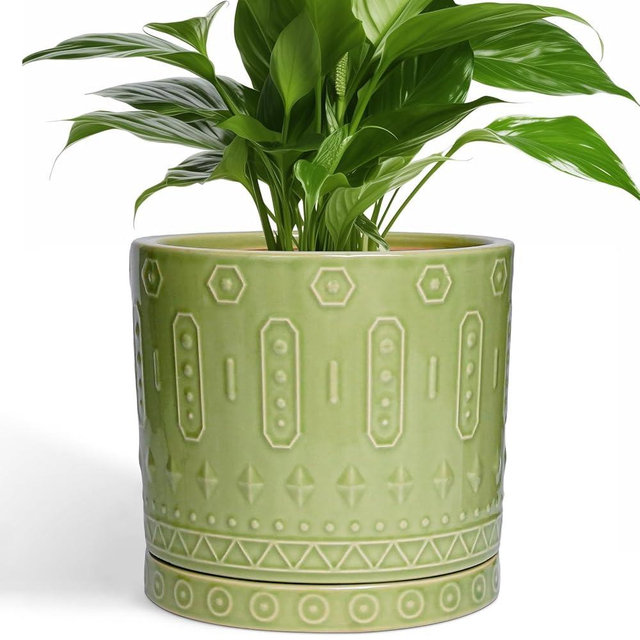 Eightpot 8 Inch Plant Pots - Ceramic Planter for Indoor Plants Outdoor, Round Ceramic Flower Pots with Drainage Hole and Saucer, Boho Decorative Planter, Home Bedroom Decor, Birthday Gifts, Green