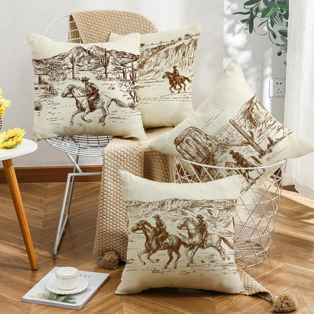 Sagielio Western Throw Pillow Covers Western Home Decor 18x18 Set of 4, Cotton Linen Pillows for Couch Living Room and Bedroom, Pillow Case Set for Cowboy Couples Boys Girls (Beige)