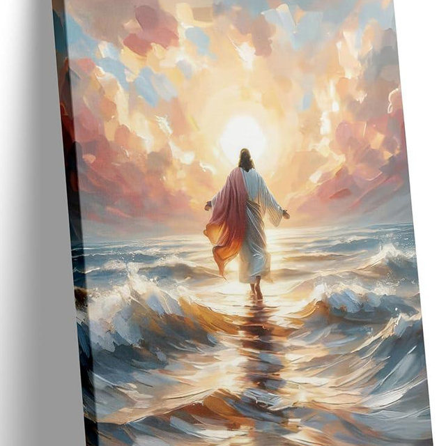 Jesus Walking on Water Canvas Wall Art Christian God Wall Decor Sacred God Walking on Ocean Beach Painting Pictures Religious Posters Prints for Living Room Bedroom Church Home Decorations Framed