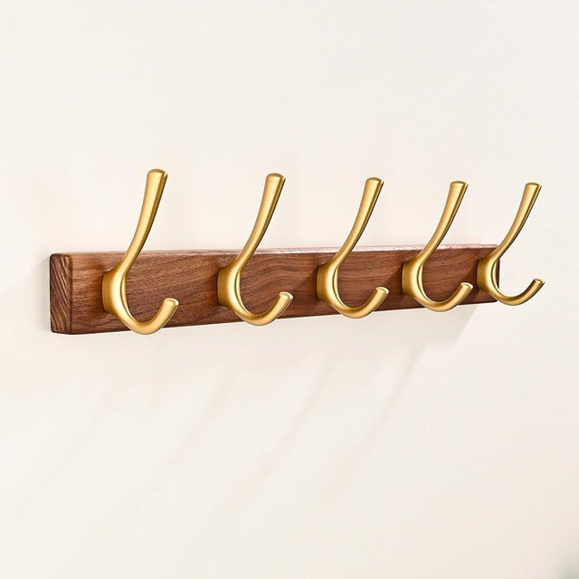 LECHYN 17.3" Small Walnut Wood Coat Rack Wall Mount with 5 Hooks, Heavy Duty Wooden Jacket Hanger Door Mounted for Decorative Entryway Bathroom Hanging Towel Backpack Purse Clothes Hat Key Gold