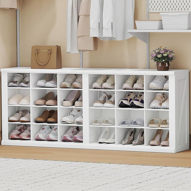 Hzuaneri Farmhouse Shoe Storage Bench, Entryway Shoe Cubby Bench, Widened Wooden Shoes Cubbies with Compartments, Shoes Rack Benchs for Cloakroom, Living Room, White SB52503X
