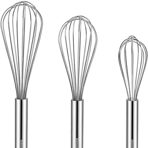 Whisks for Cooking, 3 Pack Stainless Steel Whisk for Blending, Whisking, Beating and Stirring, Enhanced Version Balloon Wire Whisk Set, 8"+10"+12"