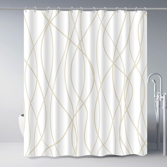 Punkray Beige Khaki Shower Curtain for Bathroom with Hooks, Extra Long Shower Curtain Set Stripe Bath Curtains Decorative White Shower Curtains Weighted Hem Water Repellent Washable, 72x72
