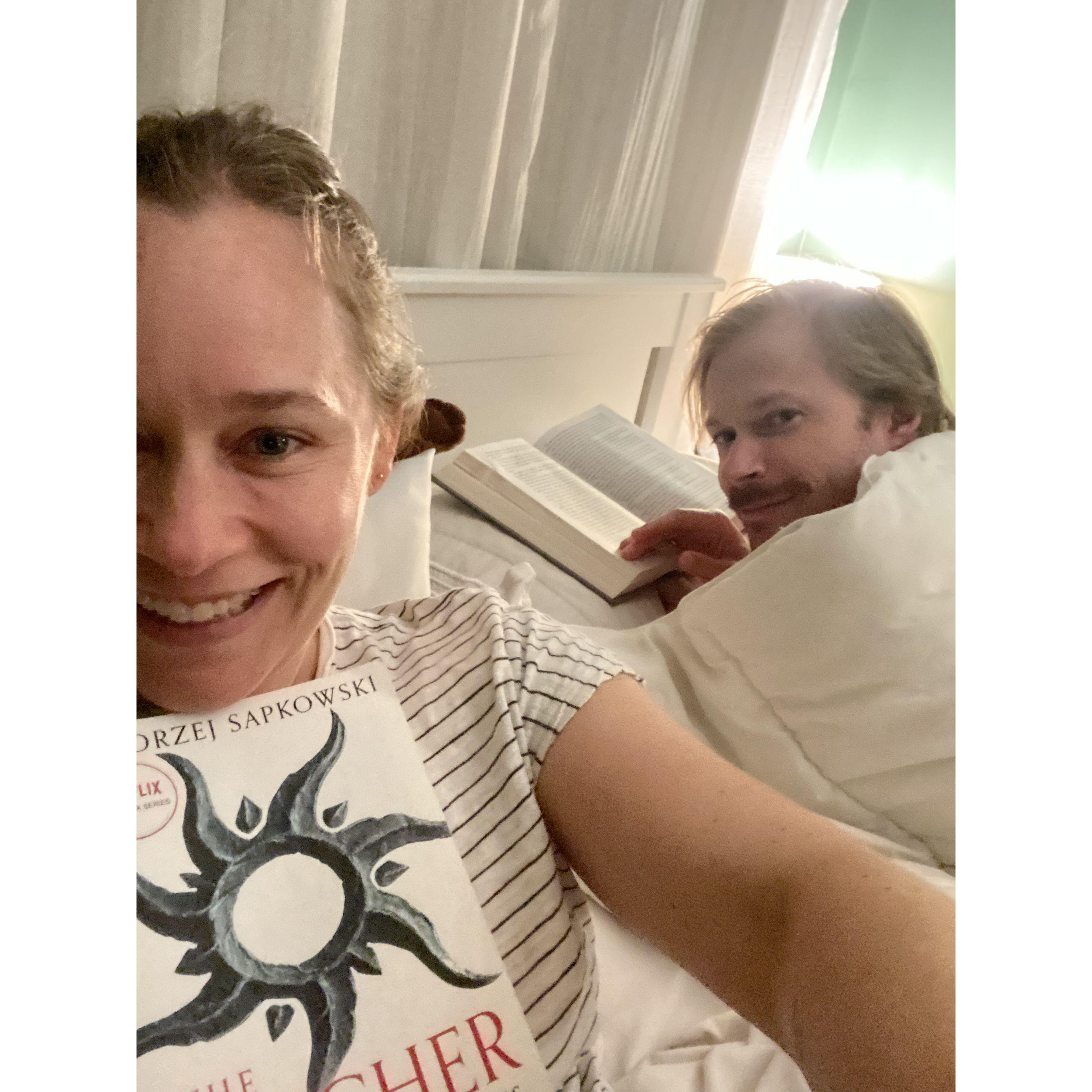 Reading our nerdy fantasy books in bed!