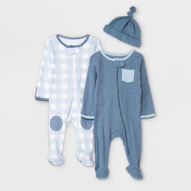 Baby Boys' 2pk Bear/Plaid Sleep N' Play with Hat - Cloud Island™ Blue 0-3M