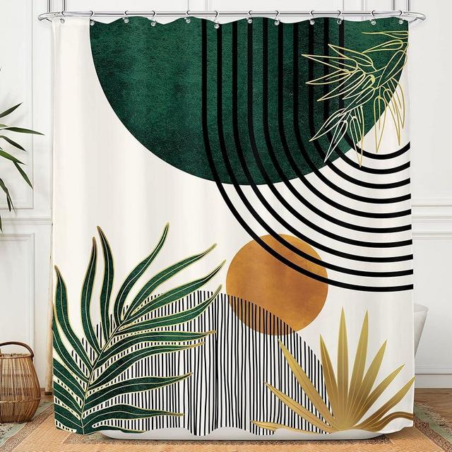 KOMLLEX Green Mid Century Boho Shower Curtain for Bathroom Decor 60Wx72H Inches Abstract Modern Sun Minimalist Aesthetic Arch Curve Leaves Geometric Neutral Fabric Waterproof Polyester 12 Pack Hooks