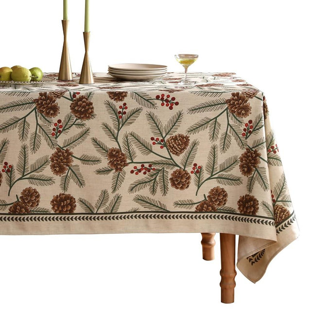 ISAENNE Designer Christmas Beige Linen Square Tablecloth,Pinecones Pattern Indoor Tablecloths,Wrinkle Resistant Decor Table Cloth for Dining Thanksgiving Kitchen Christmas,67"*67"-Carol B