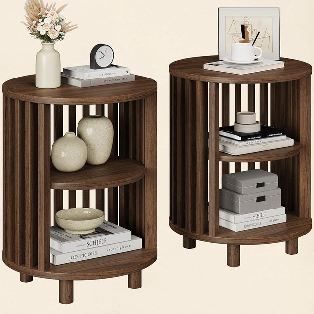 Round End Table, Wood Bedside Table, Mid Century Modern Nightstand with Open Storage Shelf, 3 Tier Small Side Tables for Living Room, Bedroom, Curved Profile Design, Walnut(2-Pack)